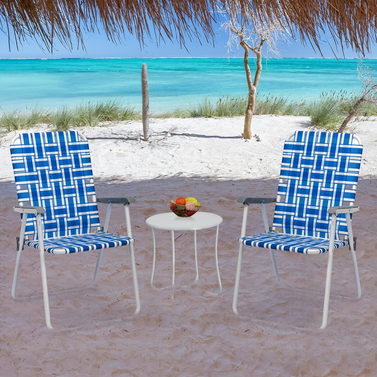 Folding Aluminum Webbed Lawn Chairs Set of 2 Blue & White Strip K385