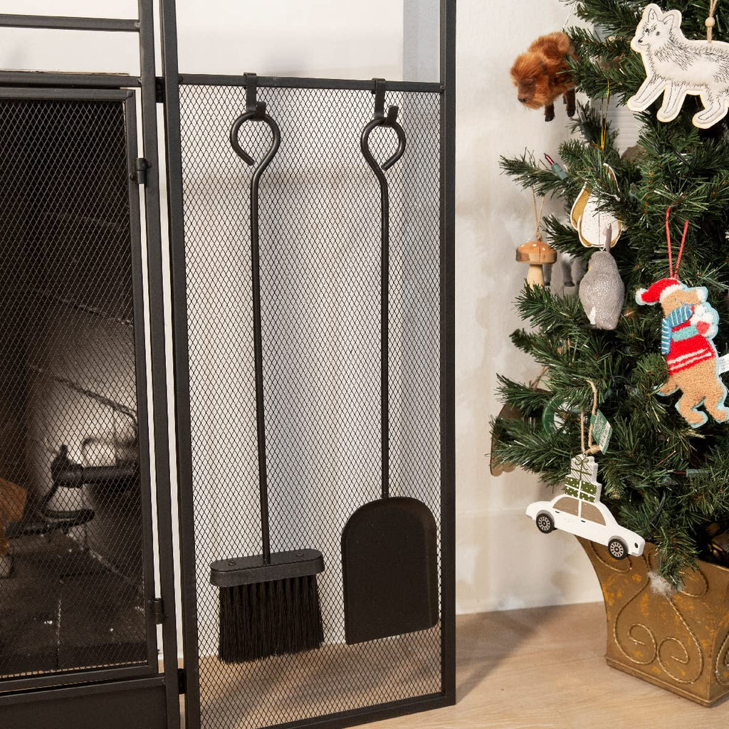 Black 3-Panel Folding Fireplace Screen with Magnetic Doors and 4-Piece Tools Set B1697