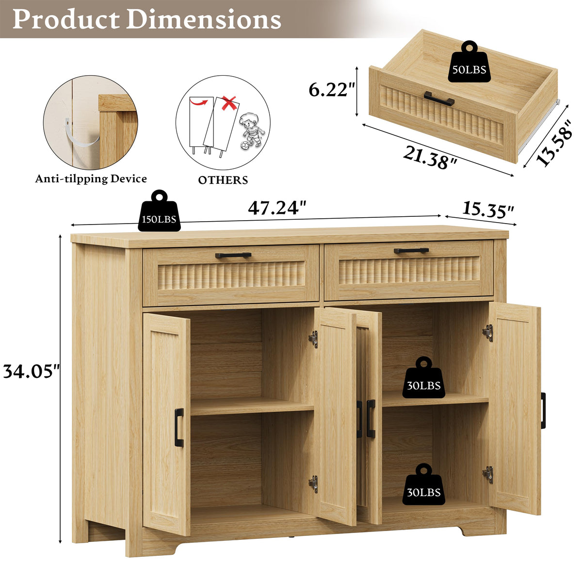 Fluted Buffet Sideboard Cabinet with Drawers S29758