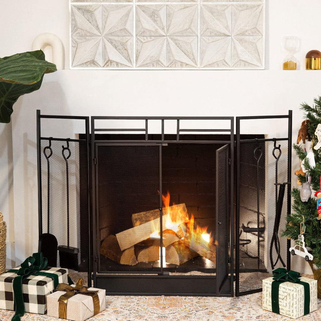 Black 3-Panel Folding Fireplace Screen with Magnetic Doors and 4-Piece Tools Set B1697
