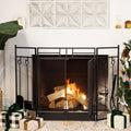 Black 3-Panel Folding Fireplace Screen with Magnetic Doors and 4-Piece Tools Set B1697