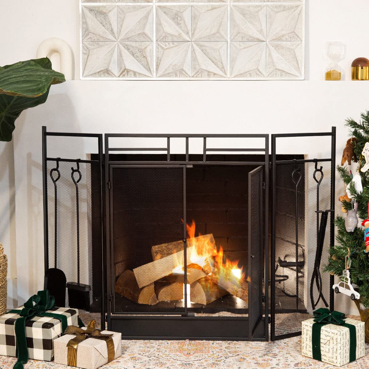 Black 3-Panel Folding Fireplace Screen with Magnetic Doors and 4-Piece Tools Set B1697