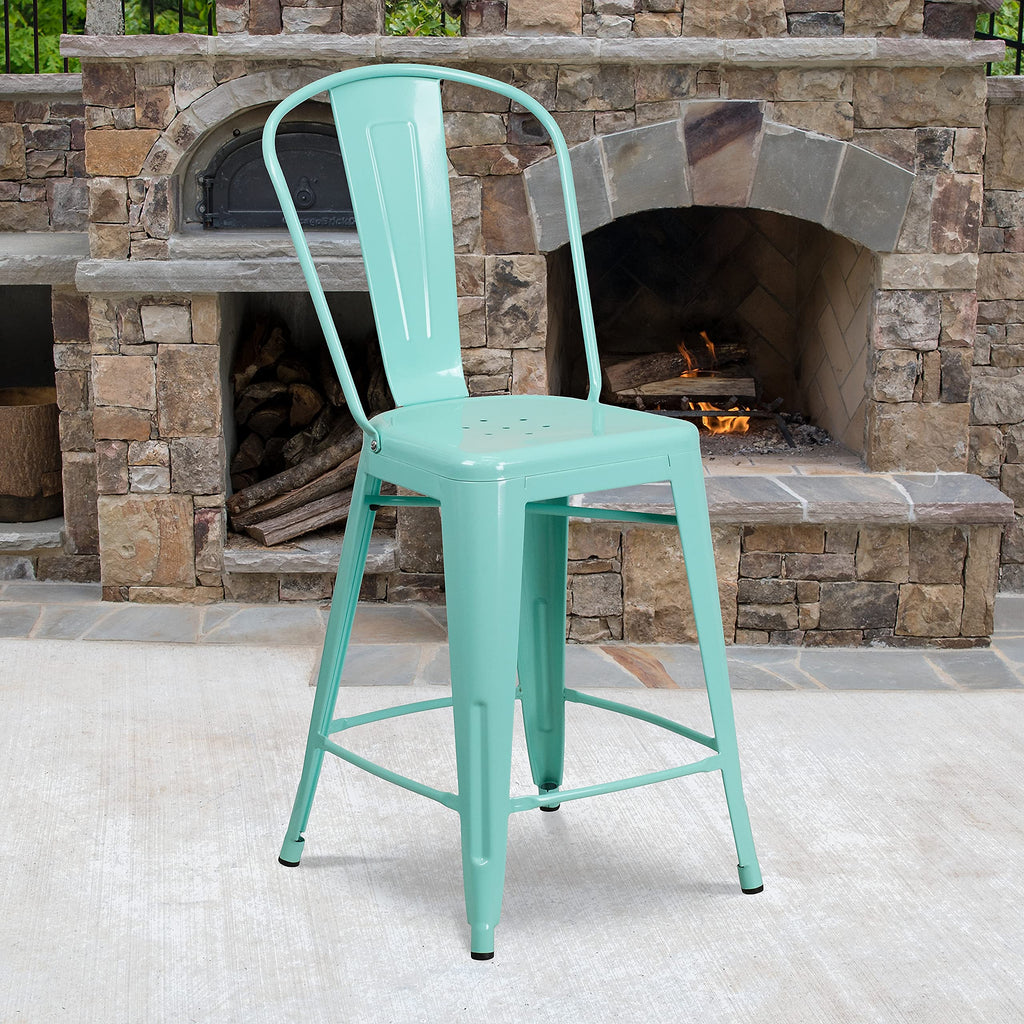 Mint Green Metal Counter Height Stool with Back W1184