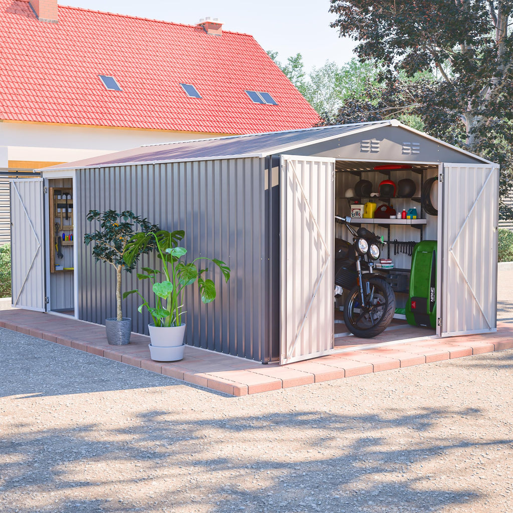 10x14 FT Waterproof Metal Storage Shed with 3 Lockable Doors G39628