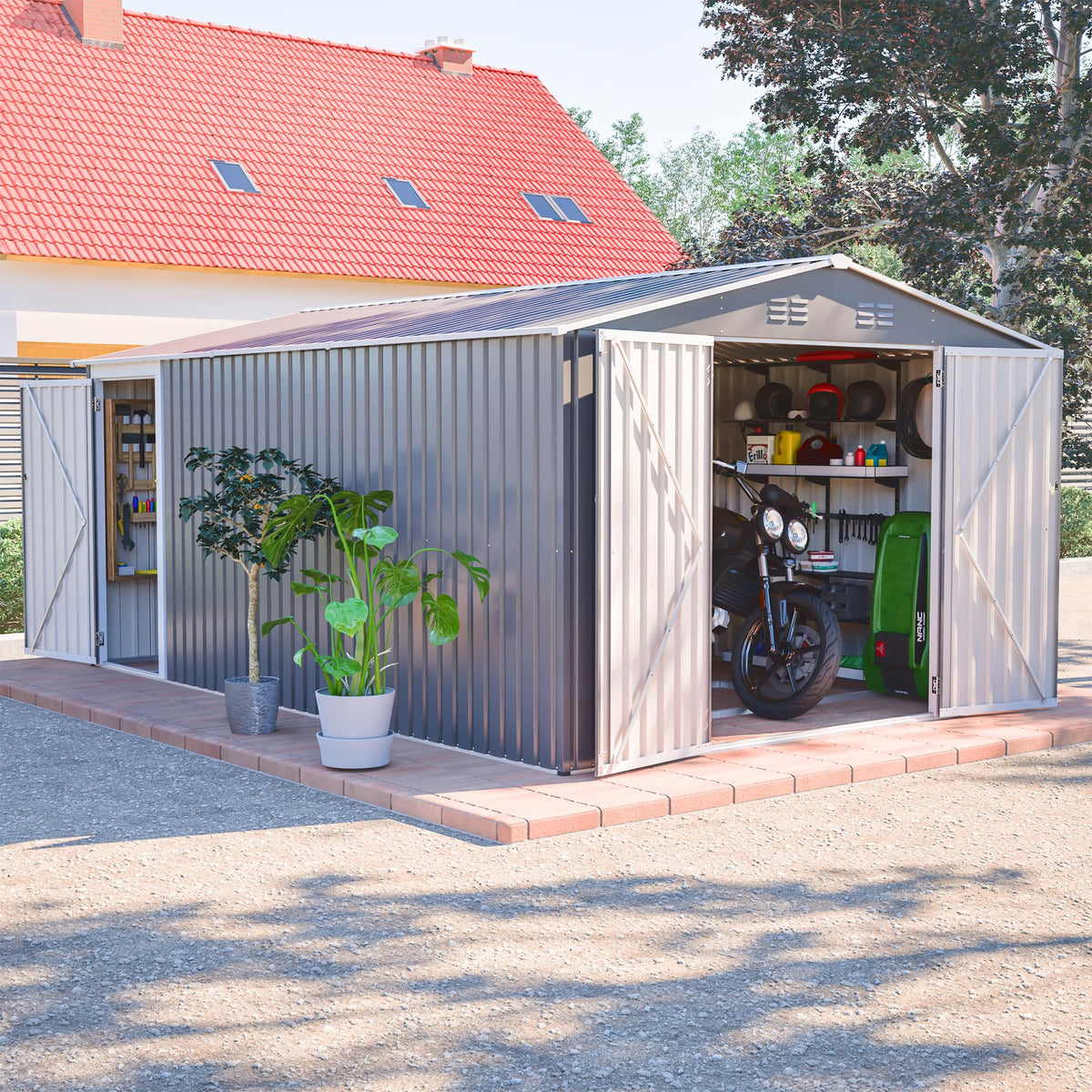 10x14 FT Waterproof Metal Storage Shed with 3 Lockable Doors G39628