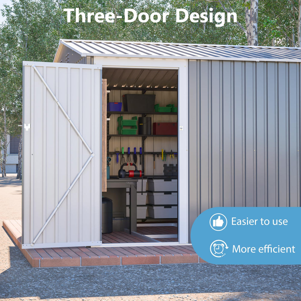 10x14 FT Waterproof Metal Storage Shed with 3 Lockable Doors G39628