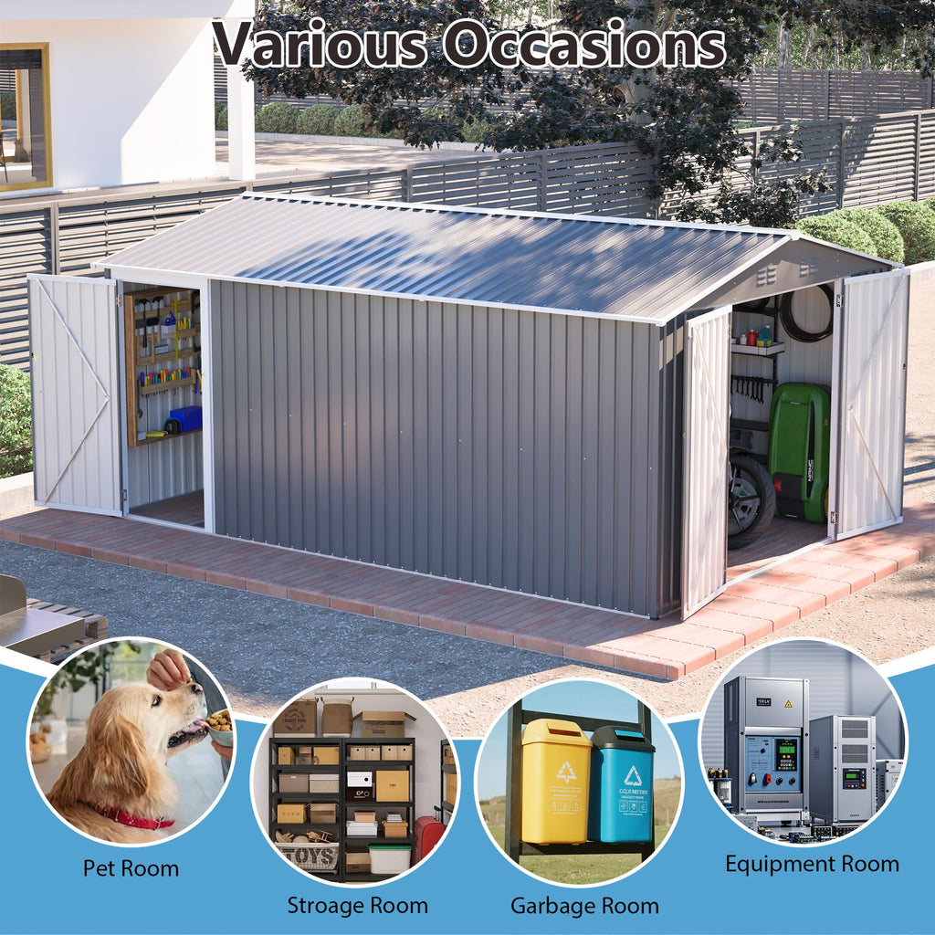 10x14 FT Waterproof Metal Storage Shed with 3 Lockable Doors G39628